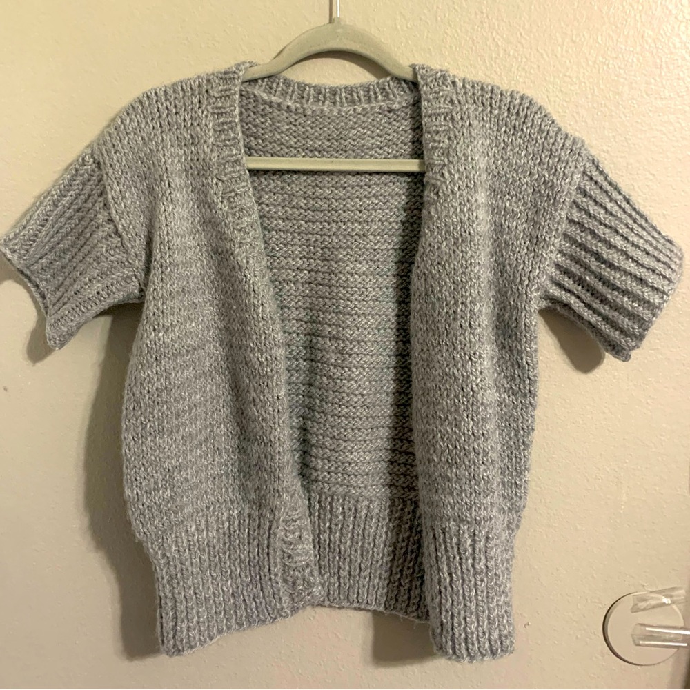 Gray Knitted short sleeve cardigan sweater button up fits like a small